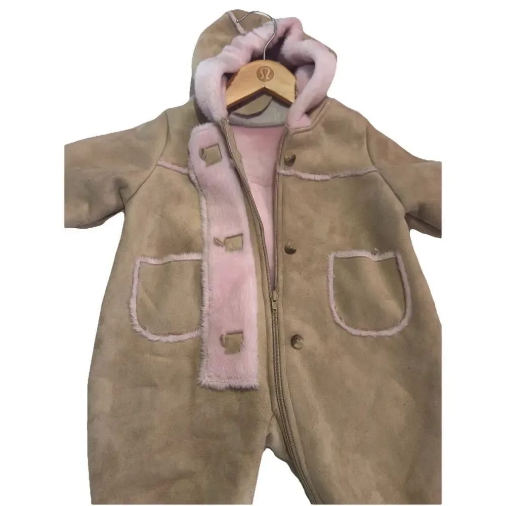 Baby Luxuries Tan Sherpa Snow Suit Bunting 12 Months Super Soft One Piece